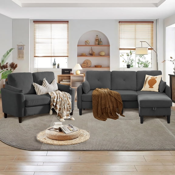 Soscana Living Room Furniture Set,Convertible Sectional Sofa with Storage Ottoman and Loveseat, 3 Seater L Shaped Couch with Reversible Chaise and Storage Pockets for Home Apartment Studio Office