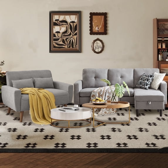 Soscana Living Room Furniture Set, Sectional Sofa Couch with Storage Ottoman and Loveseat,L-shaped 3 Seater Sofa with Side Pockets, for Living Room Apartment Office Studio