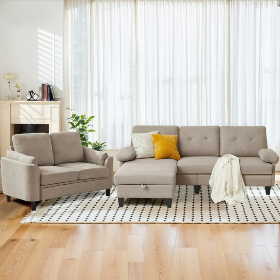 Soscana Living Room Furniture Set Sectional Sofa Couch with Storage Ottoman and Loveseat,for Home Apartment Office Studio,Beige