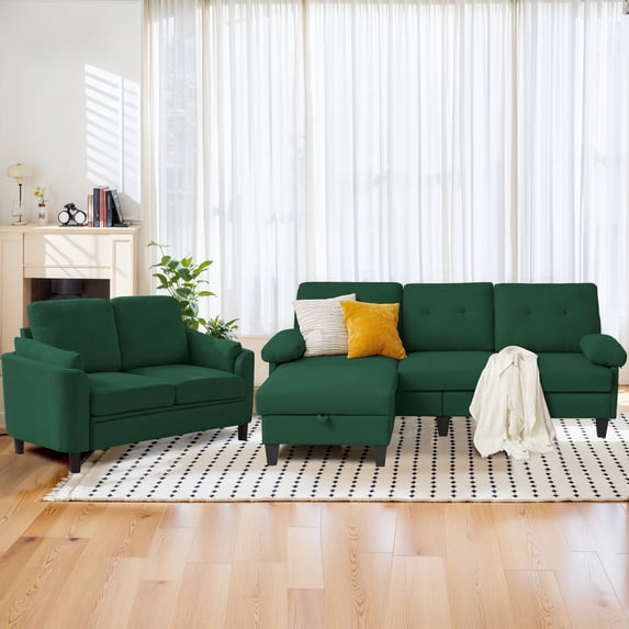 Soscana Living Room Furniture Set Sectional Sofa Couch with Storage Ottoman and Loveseat,for Home Apartment Office Studio,Green