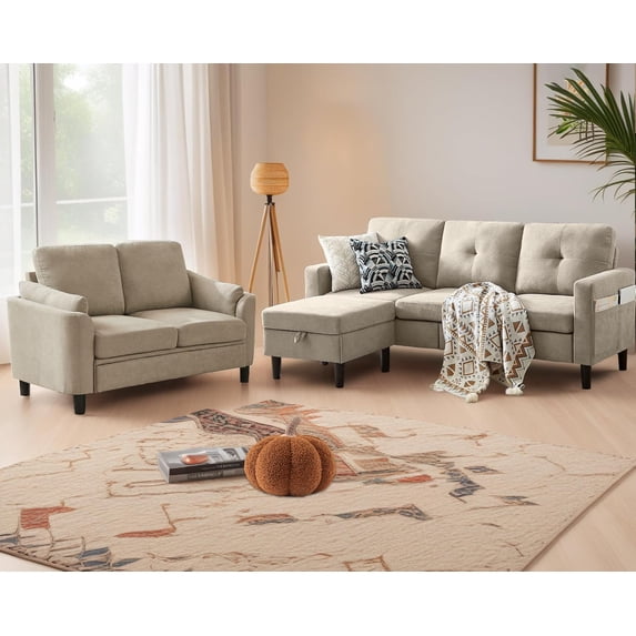 Soscana Living Room Furniture Set,Sectional Sofa with Storage Ottoman and Loveseat for Home Apartment Studio Office,L Shaped 3 Seat Couch with Footstool and 2 Seat Love Seat