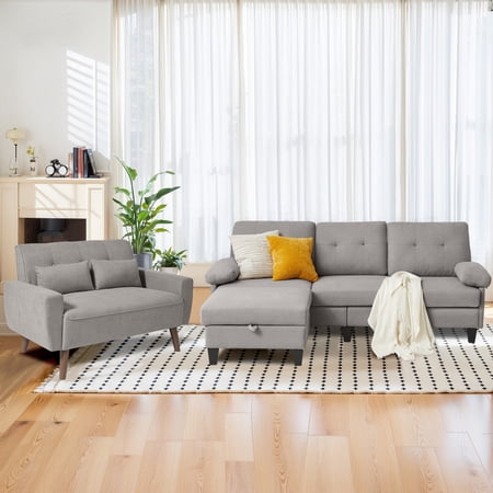 Soscana Living Room Furniture Set Sectional Sofa with Storage Ottoman and Loveseat,Modern L Shaped 3 Seater Couch and 2 Seater Small Sofa for Home Living Room Apartment Office Studio