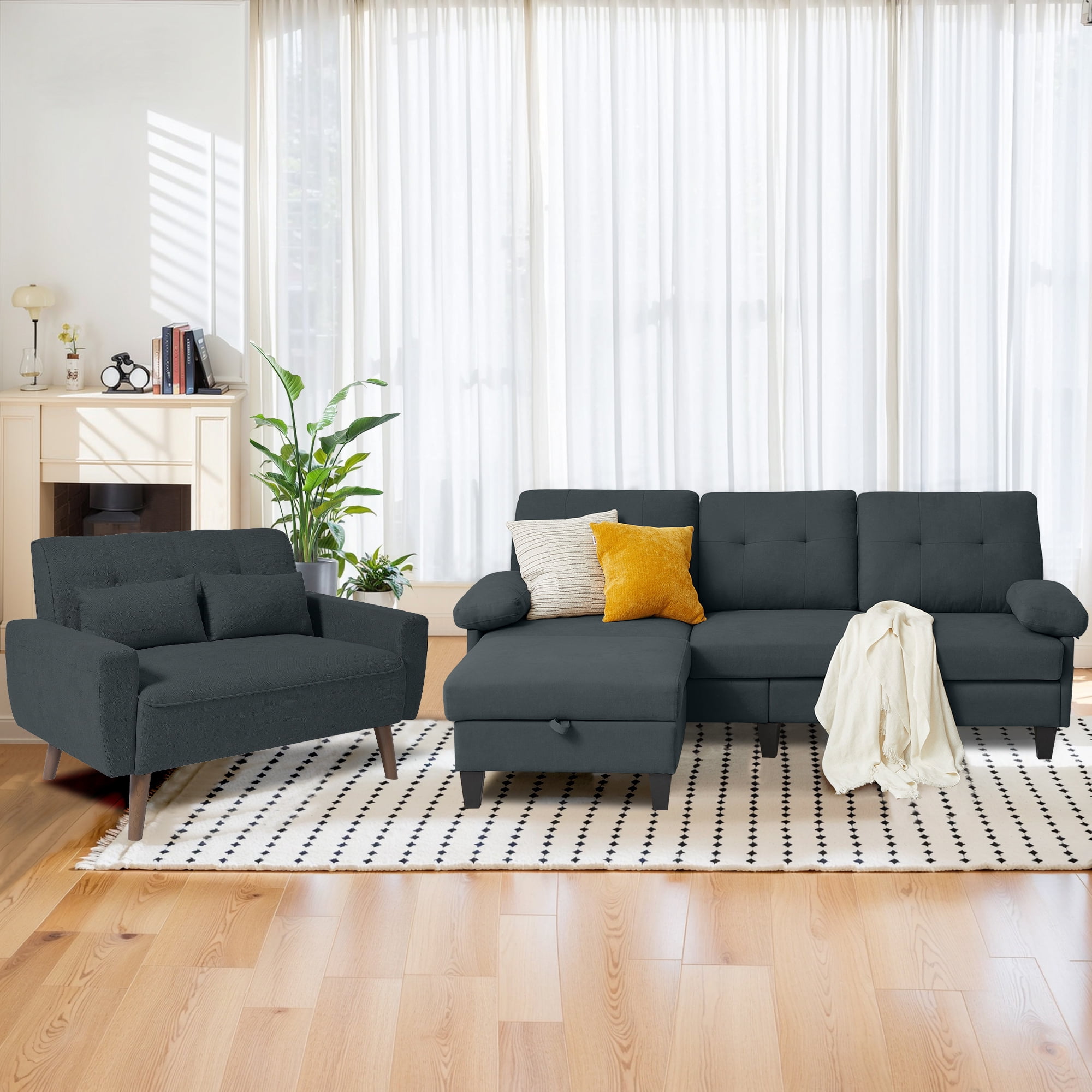 Soscana Living Room Furniture Set Sectional Sofa with Storage Ottoman ...