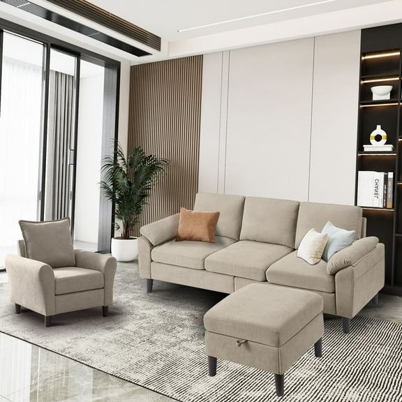 Soscana Living Room Furniture Sofa Set,Sectional Sofa with Storage Ottoman & Accent Chair,Single Armchair 3 Seat L-shaped Sofa Couch with Reversible Footstool & Side Pocket for Home Apartment Office
