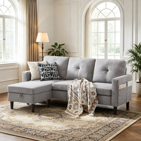 Soscana Living Room Sectional Sofa Couch with Reversible Ottoman 3 Seater L-shaped Couch Convertible Modular Sofa for Home Small Space Apartment Office Studio,Storage Design,Tool Free Assemble