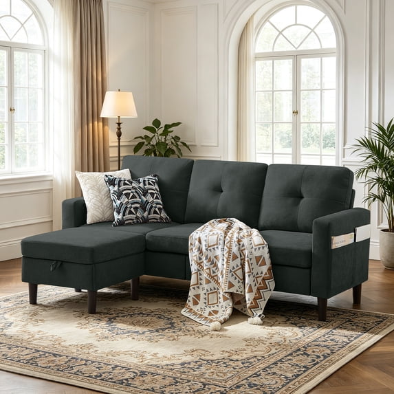 Soscana Living Room Sectional Sofa Couch with Reversible Ottoman 3 Seater L-shaped Couch Convertible Modular Sofa for Home Small Space Apartment Office Studio,Storage Design,Tool Free Assemble