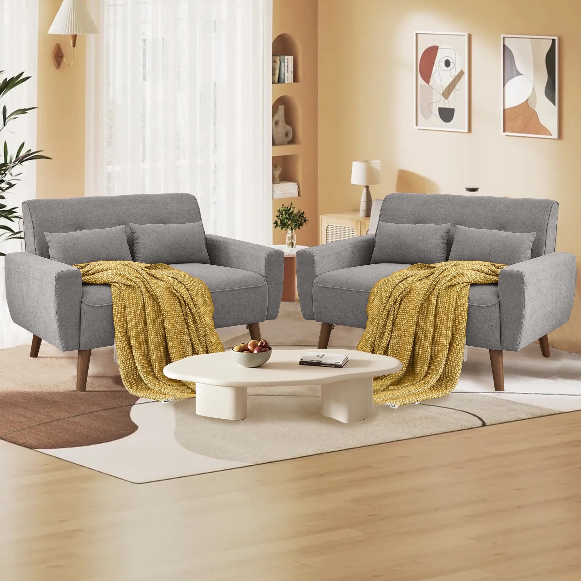 Soscana Couch 2 Piece Set Loveseat Double Seat Sofa with Lumbar Pillows, Modern Creative Small Couches Love Seat with Wide Upholstered Armrest,for Living Room Apartment Bedroom Small Space Office