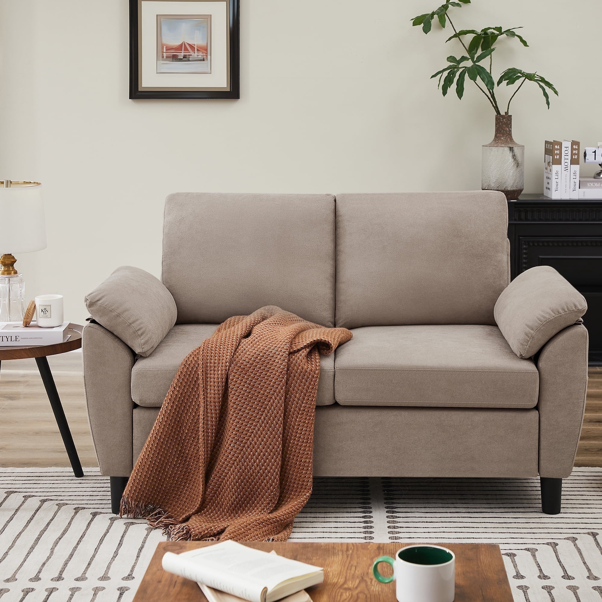 Soscana Loveseat with Storage Side Pockets, 2 Seat Sofa Love Seat Small Couch for Living Room Bedroom Apartment Office Studio,Beige