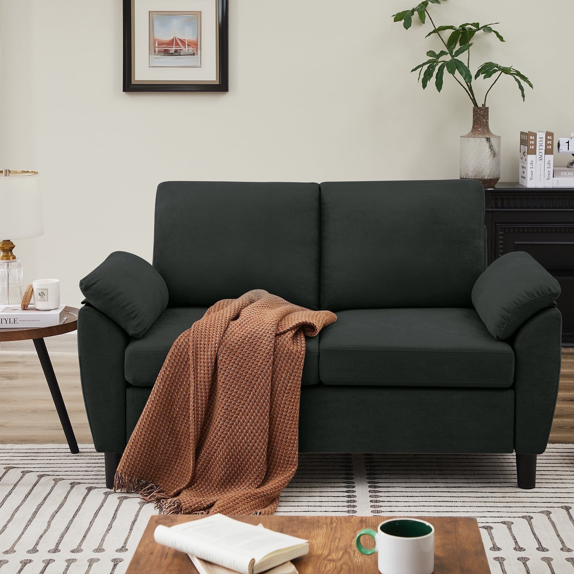 Soscana Loveseat with Storage Side Pockets, 2 Seat Sofa Love Seat Small Couch for Living Room Bedroom Apartment Office Studio,Black