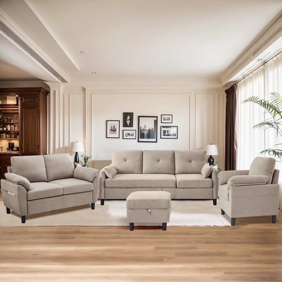 Soscana Living Room Furniture Set,Convertible Sectional Sofa with Storage Ottoman and Accent Chair and Loveseat,Modern Linen 6 Seat L Shaped Couch Sofa Set for Living Room,Office,Apartment,Studio