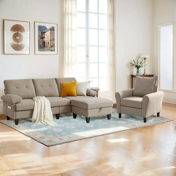 Soscana Modern Living Room Furniture Set 3 Seat Sectional Sofa with Storage Ottoman and Accent Chair, L Shaped Couch with Side Pockets and Armchair, Seating Set for Apartment Office Studio