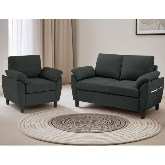 Soscana Modern Loveseat and Accent Chair 2 Piece Set, Small Couch Sofa Set with Wide Arms & Side Pockets, Comfy 2 Seater Sofa and 1 Seater Armchair Set for Apartment Living Room Office Studio