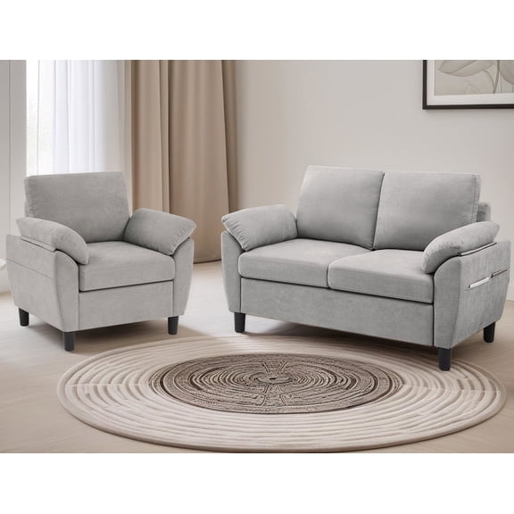 Soscana Modern Loveseat and Accent Chair 2 Piece Set, Small Couch Sofa Set with Wide Arms & Side Pockets, Comfy 2 Seater Sofa and 1 Seater Armchair Set for Apartment Living Room Office Studio