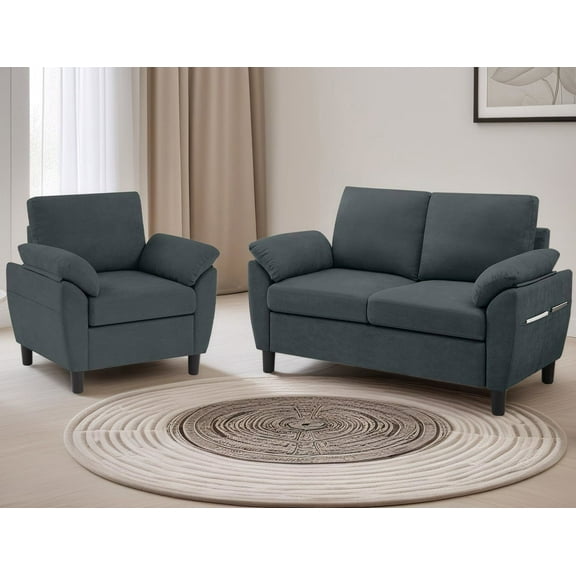 Soscana Modern Loveseat and Accent Chair 2 Piece Set, Small Couch Sofa Set with Wide Arms & Side Pockets, Comfy 2 Seater Sofa and 1 Seater Armchair Set for Apartment Living Room Office Studio