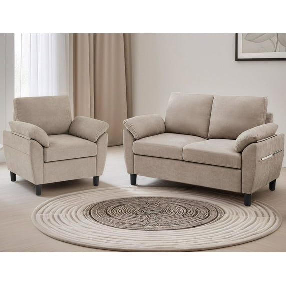 Soscana Modern Loveseat and Accent Chair 2 Piece Set, Small Couch Sofa Set with Wide Arms & Side Pockets, Comfy 2 Seater Sofa and 1 Seater Armchair Set for Apartment Living Room Office Studio