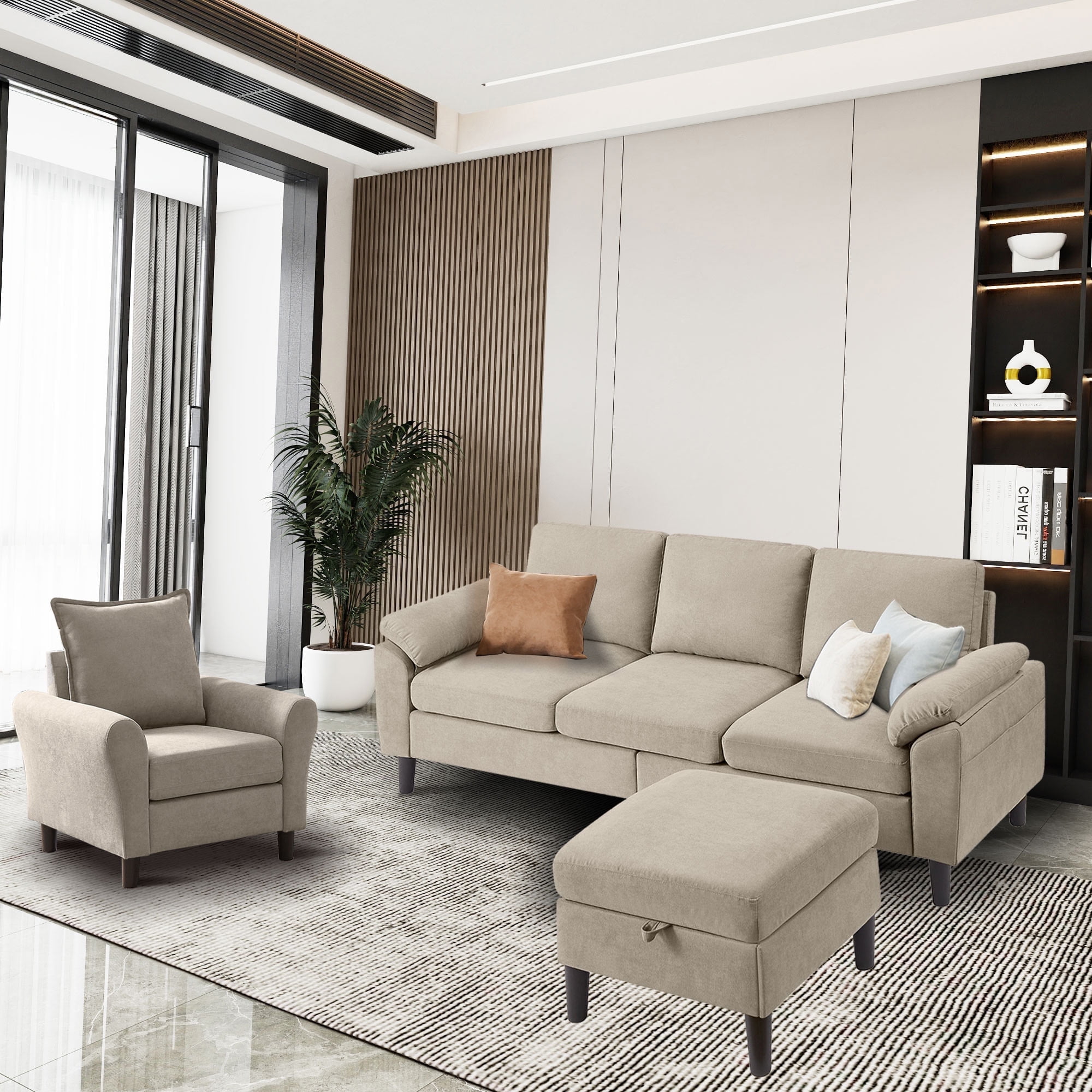 Soscana Living Room Sectional Sofa Accent Chair,L Shaped 3 Seat Couch with Storage Ottoman and Side Pockets,Single Armchair,Tool Free Assembly