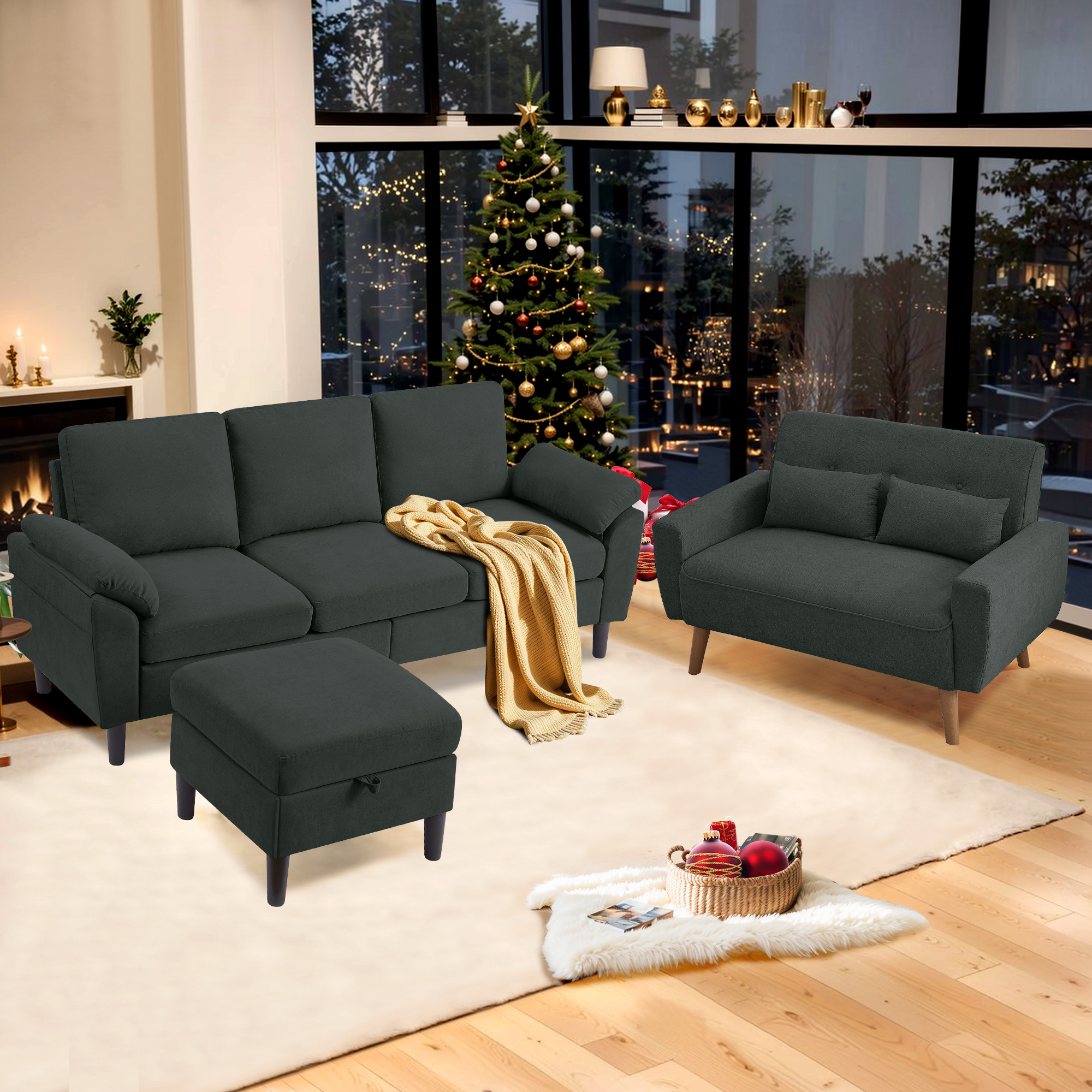 Soscana Sectional Sofa with Storage Ottoman and Loveseat, 3 Seat L ...