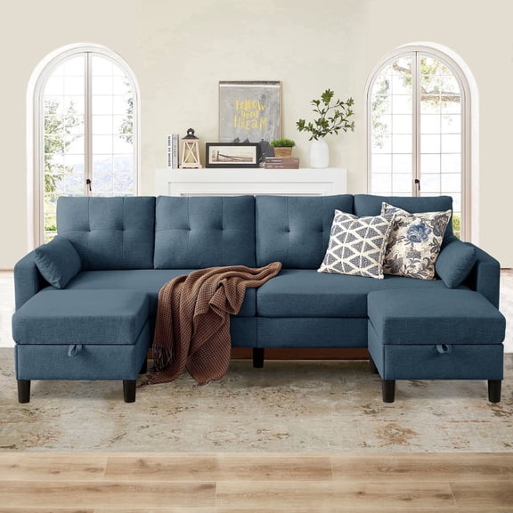 Soscana 101" Sectional Sofa with 2 Storage Ottoman,U Shaped 4 Seat Couch with Reversible Footstool and Side Pockets,Modern Convertible Sofa Couch for Living Room Home Apartment Office Studio