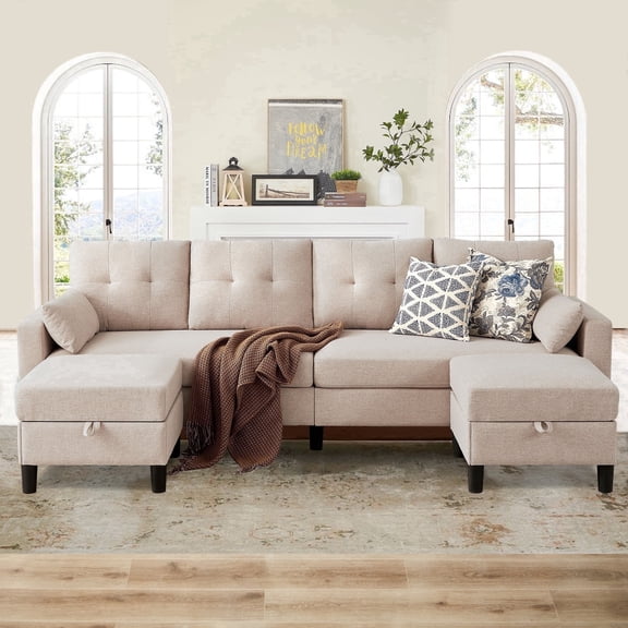 Soscana 101" Sectional Sofa with 2 Storage Ottoman,U Shaped 4 Seat Couch with Reversible Footstool and Side Pockets,Modern Convertible Sofa Couch for Living Room Home Apartment Office Studio