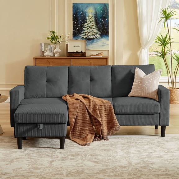 Soscana Sectional Sofa 3 Seat L Shaped Couch with Storage Ottoman and Side Pockets, Modern Linen Fabric Sofa Couch for Living Room Apartment Home Office