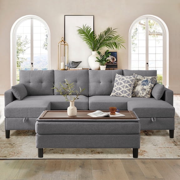 Soscana 101" Sectional Sofa with 3 Storage Ottoman,4 Seat U Shaped Couch with Side Pockets, Modern Linen Sofa Bed with Coffee Table Ottoman for Living Room Apartment Office Studio,Tool Free Assemble