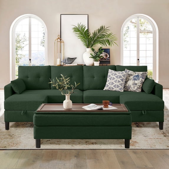 Soscana 101" Sectional Sofa with 3 Storage Ottoman,4 Seat U Shaped Couch with Side Pockets, Modern Linen Sofa Bed with Coffee Table Ottoman for Living Room Apartment Office Studio,Tool Free Assemble