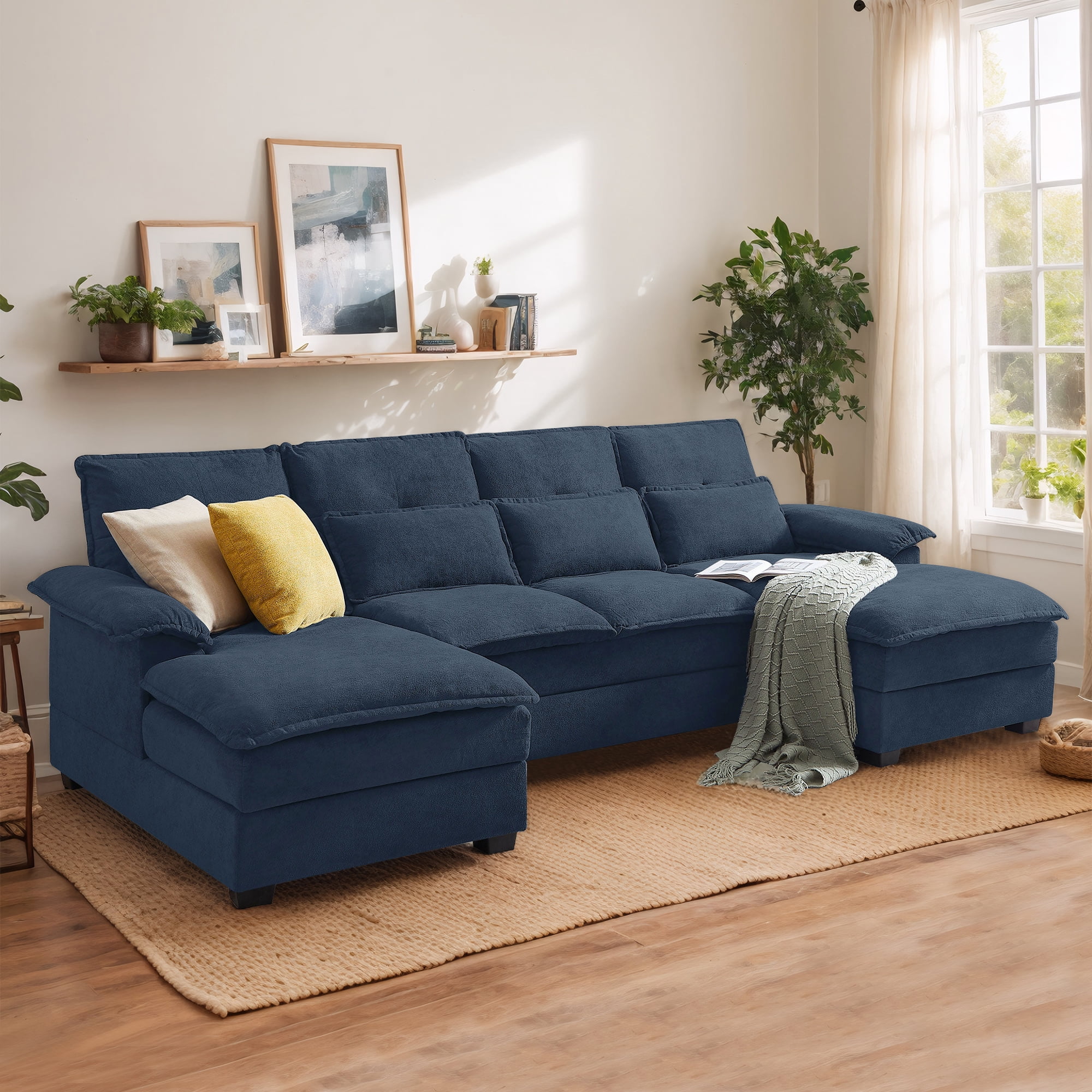 Soscana Sectional Sofa 4 Seat U Shaped Couch with Double Chaise, Modern Linen Sofa with Backrest Pillows for Living Room Apartment Office Studio,Dark Blue