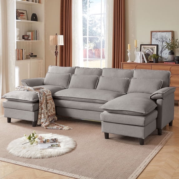 Soscana U Shaped Cloud Couch Sectional Sofa 4 Seat with Double Chaise, Modern Linen Sofa with Waist Pillows for Living Room Apartment Office Studio,Light Gray