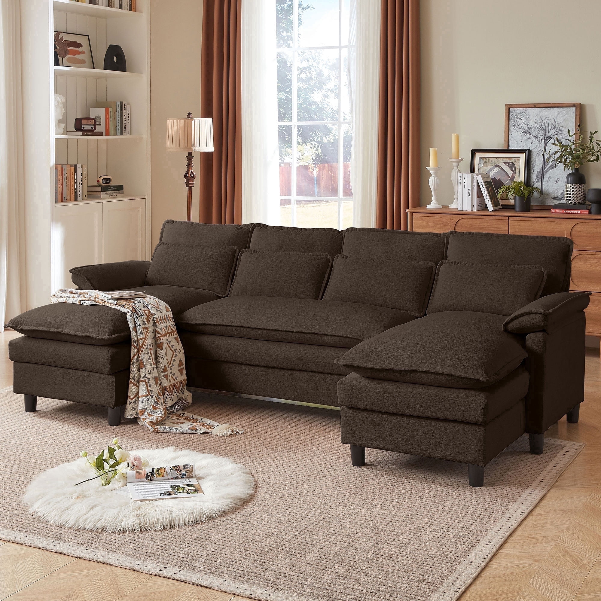Soscana U Shaped Cloud Couch Sectional Sofa 4 Seat with Double Chaise, Modern Linen Sofa with Waist Pillows for Living Room Apartment Office Studio,Brown