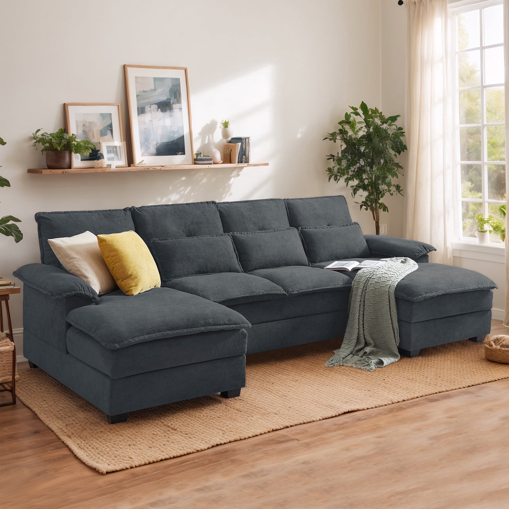 Soscana U Shaped Cloud Couch Sectional Sofa 4 Seat with Double Chaise, Modern Linen Sofa with Waist Pillows for Living Room Apartment Office Studio,Dark Gray
