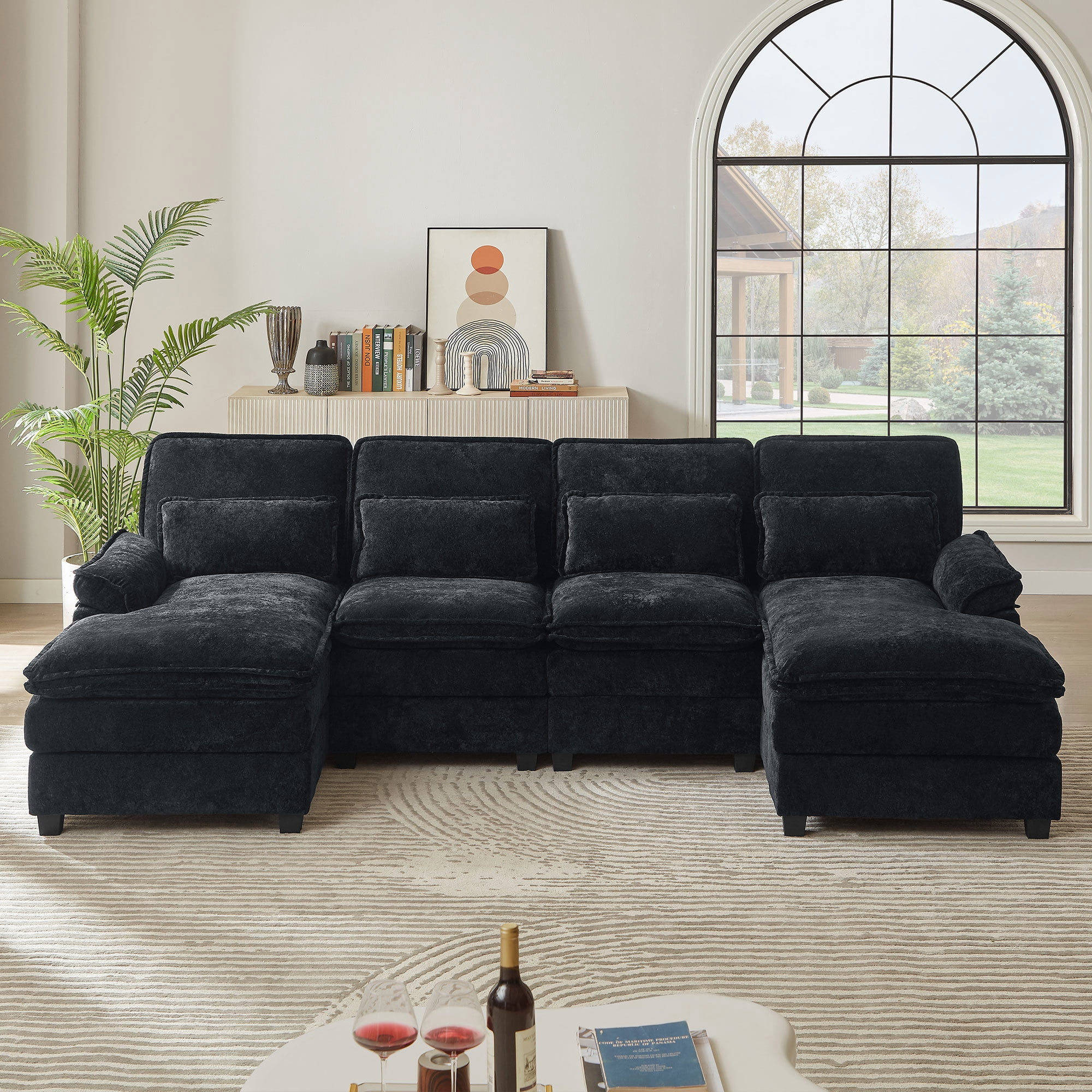 Soscana 113" Sectional Sofa Oversized U Shaped Couch with Double Chaise,Cloud Couch with 4 Waist Pillows,Modern Linen Seating Furniture for Living Room Office Studio Apartment,Black