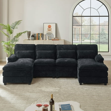 Soscana 113" Sectional Sofa Oversized U Shaped Couch with Double Chaise,Cloud Couch with 4 Waist Pillows,Modern Linen Seating Furniture for Living Room Office Studio Apartment,Black