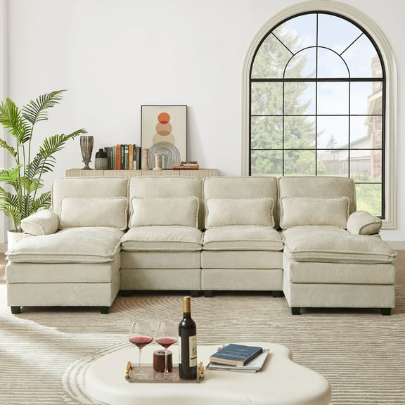 Soscana 113" Sectional Sofa Oversized U Shaped Couch with Double Chaise,Cloud Couch with 4 Waist Pillows,Modern Linen Seating Furniture for Living Room Office Studio Apartment,Beige