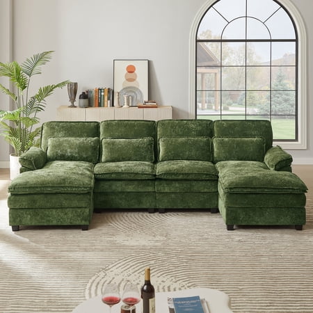 Soscana 113" Sectional Sofa Oversized U Shaped Couch with Double Chaise,Cloud Couch with 4 Waist Pillows,Modern Linen Seating Furniture for Living Room Office Studio Apartment,Green