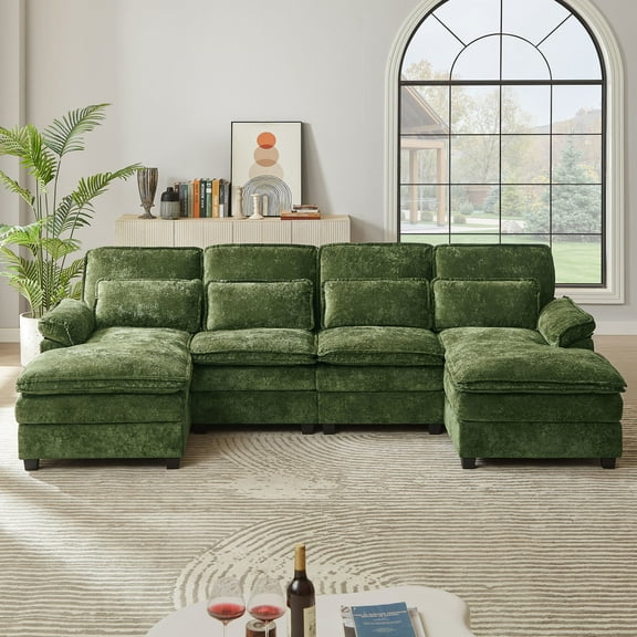 Soscana 113" Sectional Sofa Oversized U Shaped Couch with Double Chaise,Cloud Couch with 4 Waist Pillows,Modern Linen Seating Furniture for Living Room Office Studio Apartment,Green