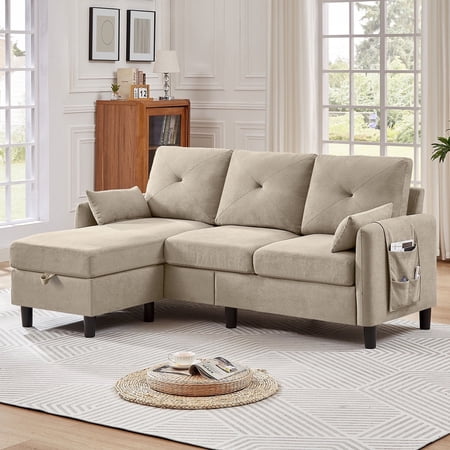 Soscana Convertible Sectional Sofa with Storage Ottoman and Side Pocket,3 Seat L-shaped Sofa Couch with Armrest Pillows,Modern Sofa Couch with Chaise for Living Room Apartment Office Small Space