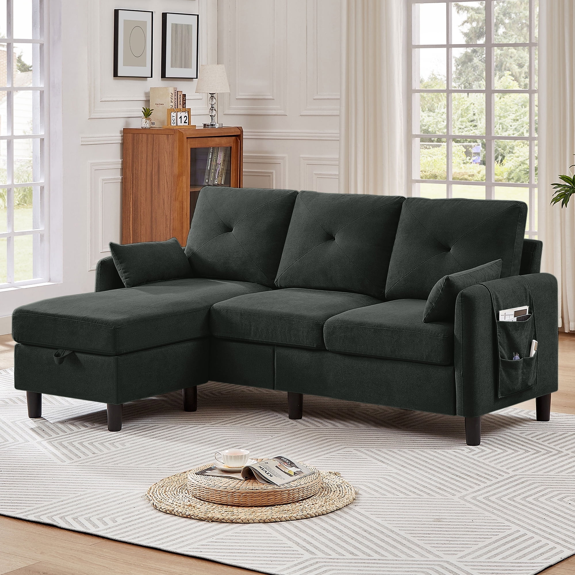 Soscana Convertible Sectional Sofa with Storage Ottoman and Side Pocket,3 Seat L-shaped Sofa Couch with Armrest Pillows,Modern Sofa Couch with Chaise for Living Room Apartment Office Small Space