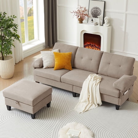 Soscana Sectional Sofa Couch with Reversible Storage Ottoman and Side Pockets, 3 Seat L Shaped Couch with Detachable Armrest Pillows ,Modern Linen Sofa Couch for Living Room,Apartment,Office,Studio