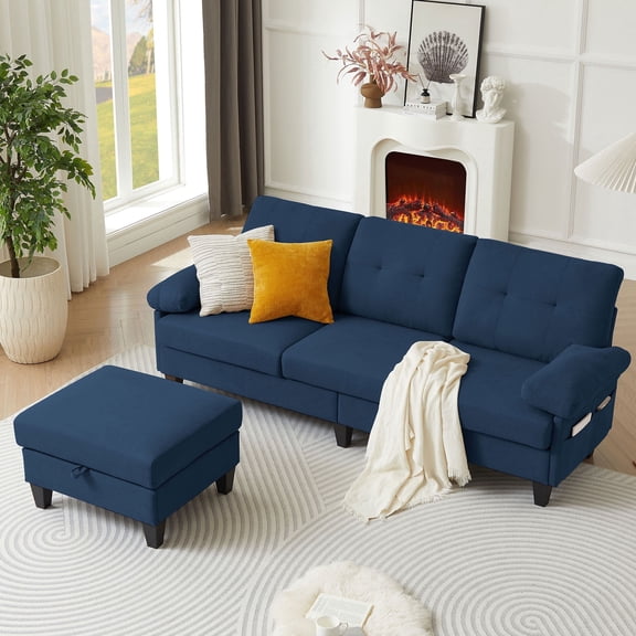 Soscana Sectional Sofa Couch with Reversible Storage Ottoman and Side Pockets, 3 Seat L Shaped Couch with Detachable Armrest Pillows ,Modern Linen Sofa Couch for Living Room,Apartment,Office,Studio