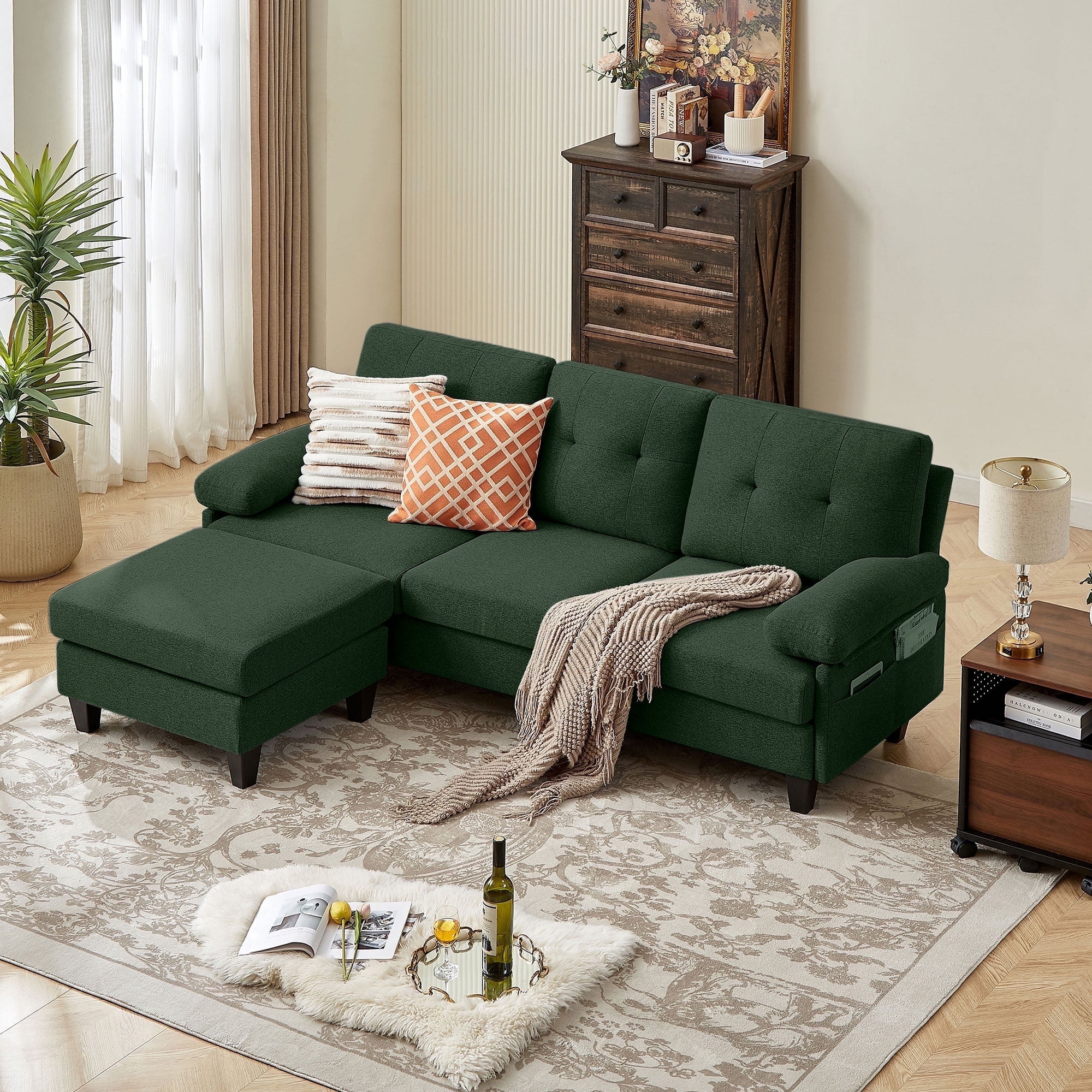 Soscana Sectional Sofa Couch with Reversible Ottoman and Side Pockets, 3 Seat L-shaped Sofa Couch with Zippered Detachable Armrest Pillows ,Modern Sofa Couch for Living Room,Apartment,Office,Studio - Walmart.com