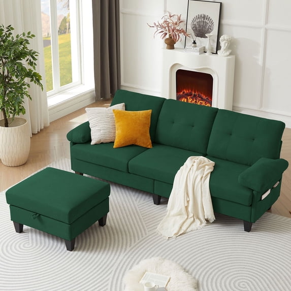 Soscana Sectional Sofa Couch with Reversible Storage Ottoman and Side Pockets, 3 Seat L Shaped Couch with Detachable Armrest Pillows ,Modern Linen Sofa Couch for Living Room,Apartment,Office,Studio
