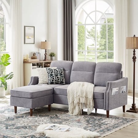 Soscana Sectional Sofa with Reversible Ottoman and Side Pockets,3 Seater L-shaped Sofa Couch with Footstool,Convertible Modern Linen Sofa Couch for Living Room Office Apartment Studio