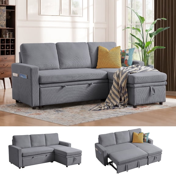 Soscana Sectional Sofa with Reversible Storage Chaise,Sleeper Sofa Couch Pull Out Bed 2 in 1,3 Seat L Shaped Sectionals with Side Pockets for Living Room Apartment Office Studio,Light Gray