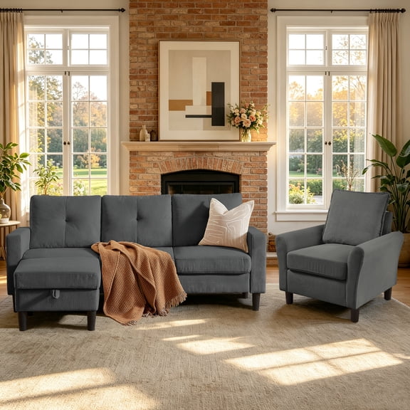 Soscana Sectional Sofa Set with Storage Ottoman and Accent Chair,Living Room 3 Seat L Shaped Couch and Single Chair Armchair,Living Room Furniture Set for Home Apartment Office Studio