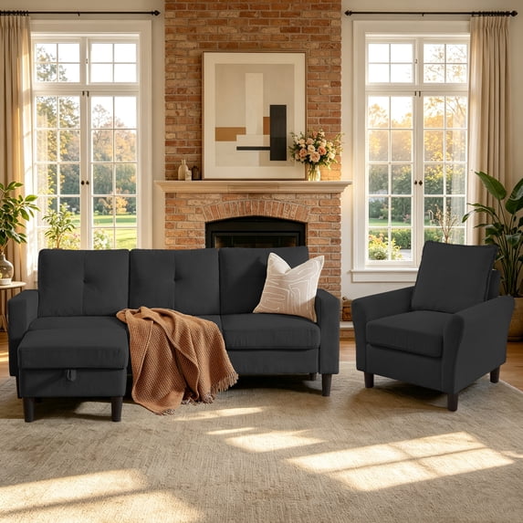 Soscana Sectional Sofa Set with Storage Ottoman and Accent Chair,Living Room 3 Seat L Shaped Couch and Single Chair Armchair,Living Room Furniture Set for Home Apartment Office Studio