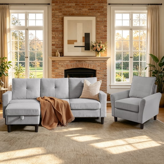 Soscana Sectional Sofa Set with Storage Ottoman and Accent Chair,Living Room 3 Seat L Shaped Couch and Single Chair Armchair,Living Room Furniture Set for Home Apartment Office Studio