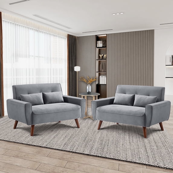 Soscana Set of 2 Small Loveseat 2-seater Sofa Couch Modern Love Seat with 2 Throw Pillows and Wooden Legs for Living Room Bedroom Apartment Office Small Space
