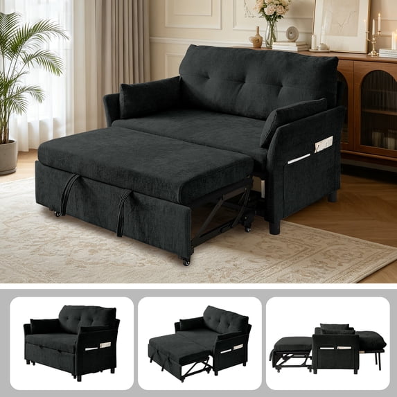 Soscana Sleeper Sofa Pull Out Bed, 50" Convertible Sofa Bed Loveseat, 3 in 1 Recliner Double Seater Couch with Adjustable Backrest and Side Pockets for Living Room Bedroom Apartment,Black