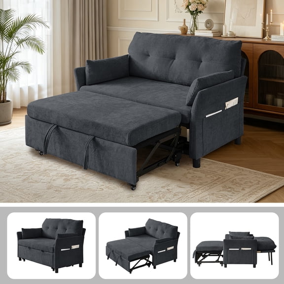 Soscana Sleeper Sofa Pull Out Bed, 50" Convertible Sofa Bed Loveseat, 3 in 1 Recliner Double Seater Couch with Adjustable Backrest and Side Pockets for Living Room Bedroom Apartment,Dark Gray
