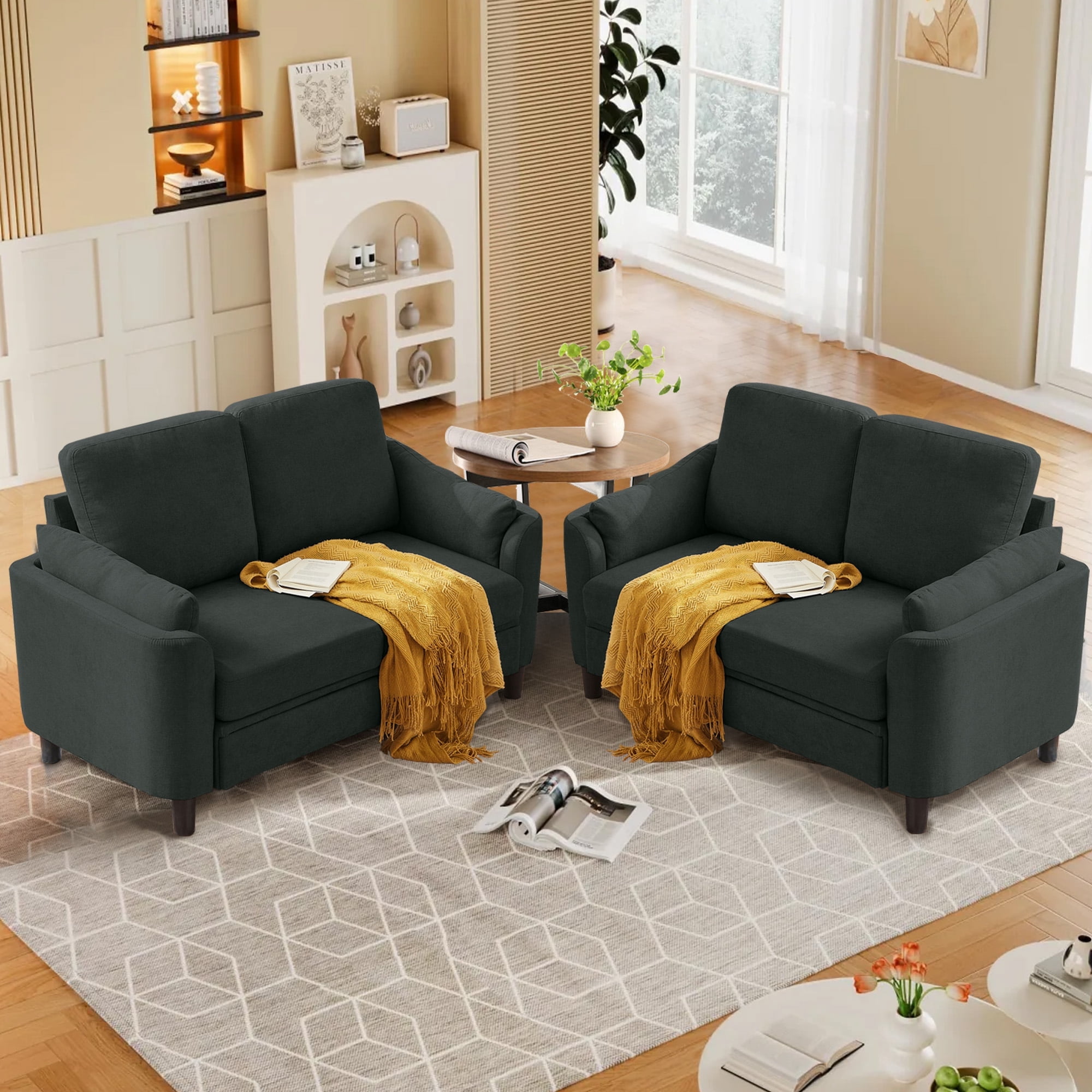 Soscana Small Sofa Couch Loveseat, 2 Seater Sofa for Living Room Apartment Bedroom Studio Office Small Space,Black,2pcs